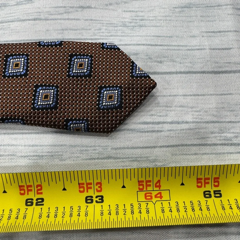 JZ Richards Neck Tie Extra Long‎ Silk Brown Squares Made in USA Mens